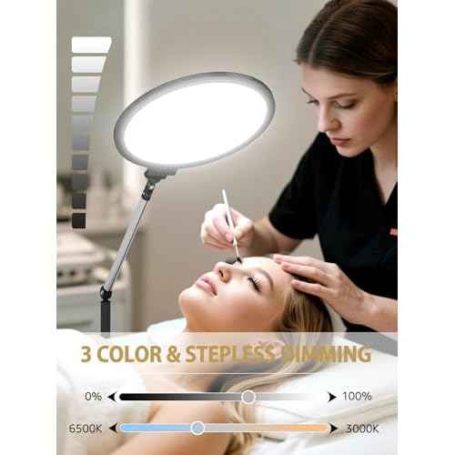 Lash Light for Eyelash Extensions, Floor Lamp with Moveable Stand & Flexible Arm, Esthetician Light with Adjustable Height & Color Temperature for Nail Art/Tattoo/Beauty/Makeup/Eyebrow/Skincare/Craft