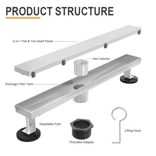 Linear Shower Drain, 24 Inch Brushed Nickel 304 Stainless Steel Shower Drain with Tile Insert Panels, Long Rectangle Shower Floor Drain with Adjustable Feet, Hair Catcher, Fits Bathroom, Balcony