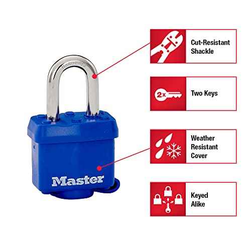 Master Lock 312TRI Laminated Padlock with Key & Thermoplastic Shell, Blue, Pack of 3 Keyed-Alike, 1-9/16-inch