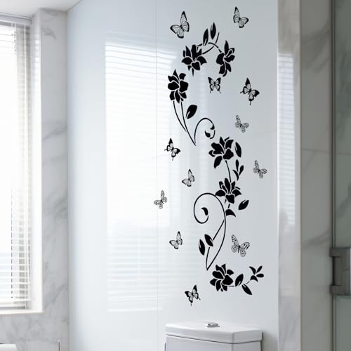 Black Flower Vine Butterfly Wall Stickers Art Design Wall Sticker Anti-Collision Window Vinyl Sticker Butterfly Glass Door Walls Decor for Bathroom Bedroom Kitchen Home Decorations