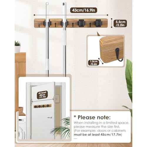 AceMining Broom Holder Wall Mounted, 2 Pack 4 Holders and 4 Hooks Mop Holder, Wooden Mop and Broom Holder with Anti slip rubber, Natural pine wood Brush Holder, Mop Wall Holde with Nail installation