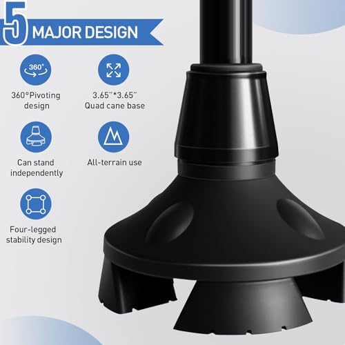 Cane Tip,Quad Cane Base Self Standing Design with Heavy Duty,360° Pivoting Replacement 4 Prong Base for All Terrains Stable and Non-Slip for 3/4 inch Canes