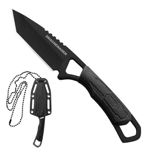 Neck Knife, Tanto Small Fixed Blade Knife 5cr13mov Stainless Steel Neck Knife with Sheath and Necklace Plactic Mini Small Edc Knife for Men and Women, Full Black