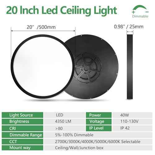 20 Inch Dimmable LED Flush Mount Ceiling Light, 40W,4350LM, 2700K/3000K/4000K/5000K/6000K CCT Selectable ,Round Flat Panel Light Low Profile Ceiling Light Fitures for Hallway/Kitchen/Bedroom, Black