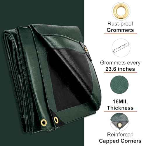 Tarp 10x20 Feet, 16 Mil Large Waterproof Tarps Heavy Duty with Brass Grommets, Thick Plastic Tarp, UV Resistant Tear&Fade Resistant, Reinforced Edges for Outdoor Pool Car Camp Tent