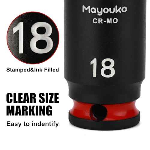 Mayouko 14PCS 3/8" Drive Semi-Deep Impact Socket Set, 8-22MM, Metric, CR-MO, Impact Grade Middle Length Socket Set, 6 Point