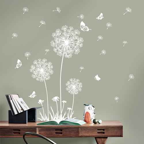2 Sheets Dandelion Wildflower Wall Decals Art, Wall Stickers Peel and Stick Floral Butterflies Flying Decor for Girls Kids Women Baby Nursery Living Room Bedroom Bathroom Hallway Stairwell (White)