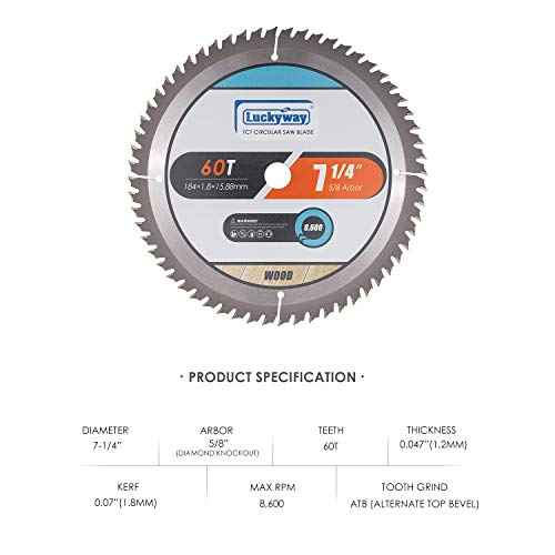 Luckyway 7-1/4 Inch Circular Saw Blade 60T Finish with 5/8 Inch Arbor TCT (Tungsten Carbide Tipped) Saw Blade for Cutting Wood