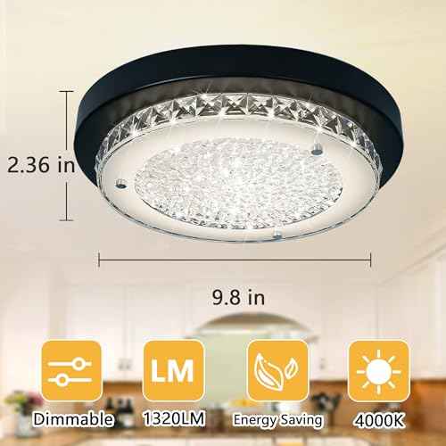 Black Flush Mount Ceiling Light Fixture Crystal LED Bathroom Dimmable Hallway Light Fixtures Ceiling 11" Bedroom Lights for Ceiling