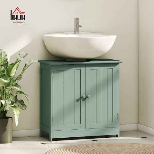 HOMCOM Under Sink Bathroom Cabinet, Pedestal Sink Storage Cabinet with 2 Doors, Shelf and U-Shape, Dark Green
