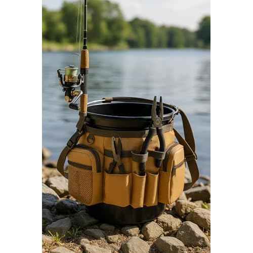 Katai Fishing Bucket Organizer for 5-Gallon Bucket ? Heavy-Duty Water-Resistant Tackle Bag with Rod & Pliers Holders ? Adjustable Straps & Multi-Pocket Design