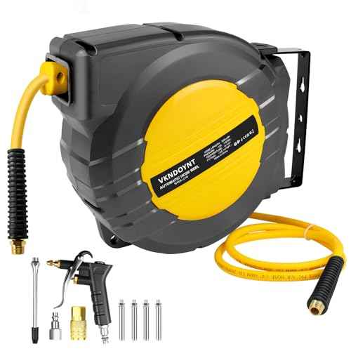 Vkndoynt Retractable Air Hose Reel, 1/4 IN x 50 FT Hybrid Polymer Hose, Auto Rewind, Wall Mount, Dark Gray/Yellow