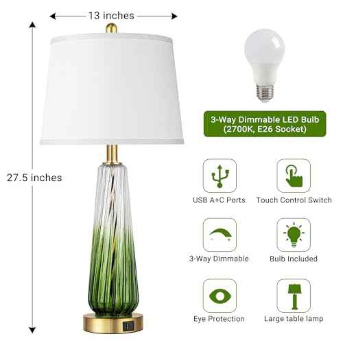 Glass Table Lamps for Living Room, Modern Bedside Lamps with USB A+C Ports, 3-Way Dimmable Touch Control Nightstand Lamp with White Linen Shade, 27.5" Large Lamps for Bedrooms Decor, Green, 1 Pack