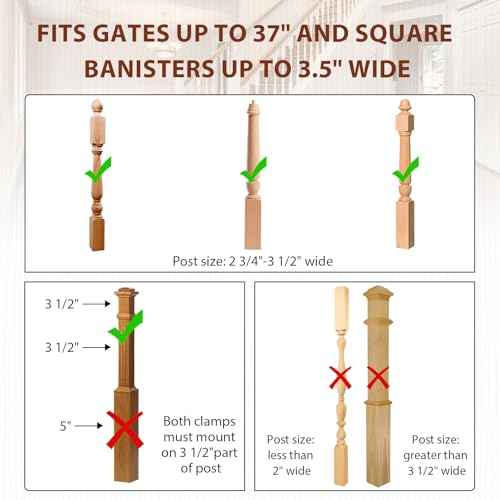 2 Pcs No Hole Stairway Baby Gate Mounting Kit - Fits Round & Square Banisters, Compatible with Most Hardware and Pressure Mount Baby Gates Up to 37 inches Tall