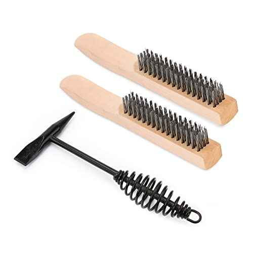 Hynade Welding Hammer with Coil Spring Handle,Wire Brush 9.5 Inch Wood Handle,Cone and Vertical Chisel Welding Chipping Hammer and Welding Slag Metal Rust Removal Scratch Brush