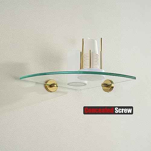 JQK Corner Glass Shelf, Brushed Gold Bathroom 304 Stainless Steel Shower Triangle Floating Wall Shelf, 10 x 10 Tempered Glass, 3 Pack, TGS190L10-BG-P3