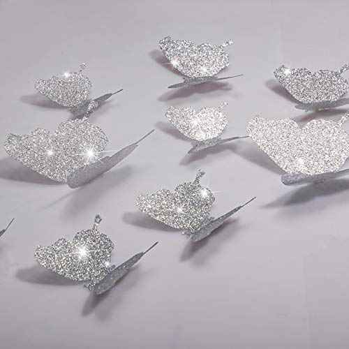 BBTO 48 Pieces Butterfly Wall Decor DIY Mirror 3D Butterfly Stickers Removable Decals for Home Bedroom School Bathroom Living Room Decor(Glitter Silver)