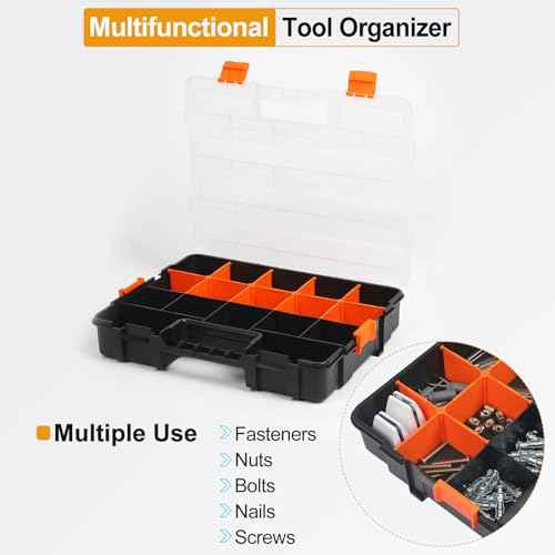 HARFINGTON Single Side Tool Organizer 14.8"x11.4"x2.6" 17-Compartment Hardware Storage Box with Removable Plastic Dividers for Screws Nuts Nails Bolts