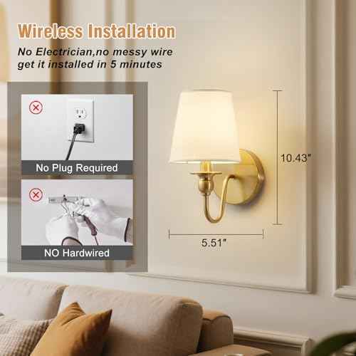 Battery Operated Wall Sconce Set of 2,Wireless Wall Sconces with 10000 mAh,RGB Rechargeable Sconces with Remote,Cordless Wall Lights for Bedroom,Living Room,Bathroom,Renter Friendly Home Decor (Gold)