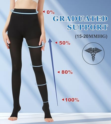 MGANG Medical Compression Pantyhose for Women & Men, 15-20mmHg Graduated Compression Support Tights, Open Toe, Opaque Waist High Compression Stockings for Edema, Varicose Veins, Flight, DVT, Black S
