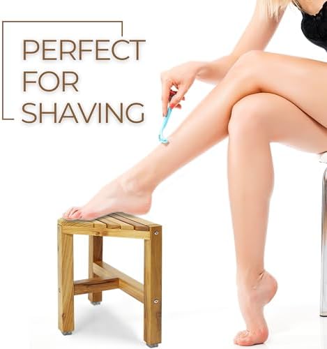Teak Shower Stool, Teak Shower Bench, 12'' Shower Foot Rest for Shaving Legs, Waterproof Corner Shower Bench, Organizer Stool, Corner Seat for Bathroom Livingroom