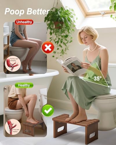 Foldable Toilet Stool, 7 Inches Bamboo Toilet Stool Squat for Adults, Collapsible Poop Stool for Bathroom, Potty Step Stool with Non-Slip Strip (Tawny)