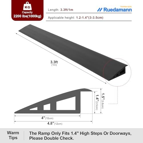 Ruedamann 3.3 Ft Threshold Transition Strip, 1 1/5"~1 2/5" Rise Rubber Threshold Ramp, Overlap Edge Reducer, Doorway Edge Trim and Mats for Laminate Doorway, Carpet, Floor, Tile