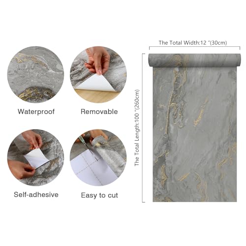 CHIHUT 12¡±x100¡± Gold Grey Matte Marble Contact Paper for Countertops Waterproof Peel and Stick Countertops Marble Wallpaper for Bathroom Self Adhesive Contact Paper for Kitchen Backsplash Cabinets