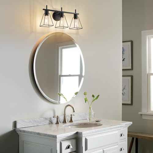 Farmhouse Bathroom Vanity Light Fixtures Over Mirror, Matte Black 3-Light Wall Sconce with Metal Cage, E26 Socket (Bulbs Not Included)
