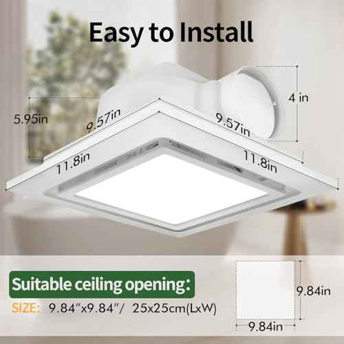 TEPU Bathroom Exhaust Fan with Light 144 CFM, 11.8In Grille, Housing 9.8" x 9.8", Duct 4 Inch, 1.0 Sone Quiet Bath Ceiling Vent Fan Combo with 6500K 1200LM LED Light, for Bathroom, Laundry, Shower
