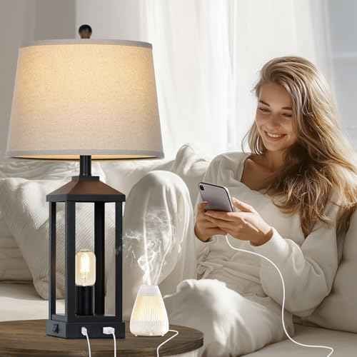 28" Tall Vintage Table Lamp Set of 2 with USB C+A & Outlet,Black Industrial End Table Lamp for Living Room,Farmhouse Rustic Bedside Lamps Set of 2 with Night Light ,Vintage Bedroom Lamp for Nightstand