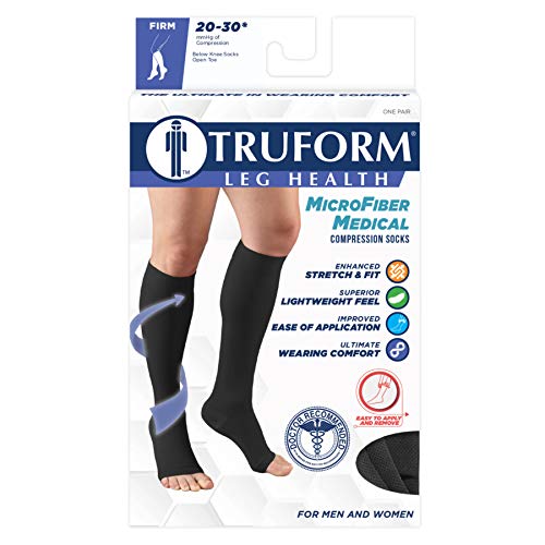 Truform 20-30 mmHg Compression Microfiber Stockings for Men and Women, Knee High Length, Open Toe, Black, Large