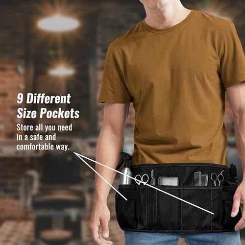 Under NY Sky Salon Waist Apron - 9 Pockets, 3 Loops, Oxford Canvas - Hair Cut Holster for Tool Storage, Shears, Brush, Trimmer - Belt Pouch - Hair Stylist, Makeup Artist, Barber, Cosmetology - Black