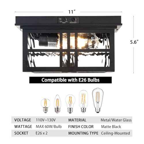 Industrial Motion Sensor Outdoor Flush Mount Ceiling Light, Water Ripple Glass Square Black 2-Light Ceiling Lamp for Porch, Entryway, and Garage, Timer and Sensitivity Adjustable