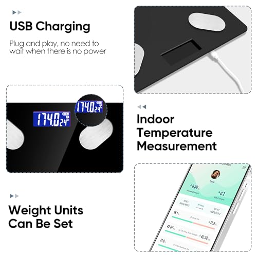 Digital Simple Bathroom Scale, Home Practical Body Fat Scale with Led Display, Body Composition Analyzer with Smartphone Application (Black)