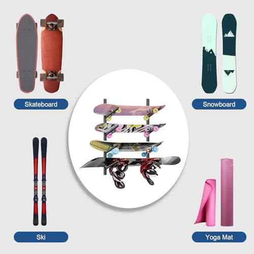 Skateboard Rack Wall Mount ? Skateboard Wall Hanger, Snowboard Display Wall Mount, Ski Holder | 4-Floor Skateboard & Ski & Snowboard Storage Rack | Snowboard & Ski Lover Gifts