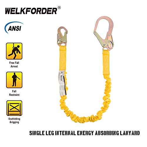 Single Leg 6-Foot Fall Protection Internal Shock Absorbing Stretchable Safety Lanyard with Snap & Rebar Hook Connectors CSA£¦ANSI Compliant