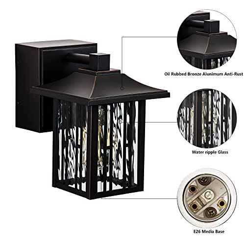 Outdoor Porch Lights with GFCI Outlet, Bronze Exterior Lights Fixture for House, Outside Wall Lights Wall Mount with Water Ripple Glass, Waterproof Patio Wall Sconce for Garage, Front Door