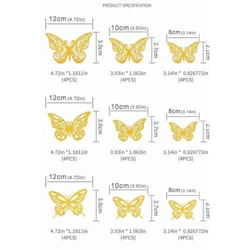 36Pcs 3D Gold Butterfly Wall Stickers, 3 Sizes Butterfly Decoration, Removable Wall Decals Room Decor for Bedroom Nursery Classroom Party Wedding Cake Decor Paint, Wall Treatments and Supplies