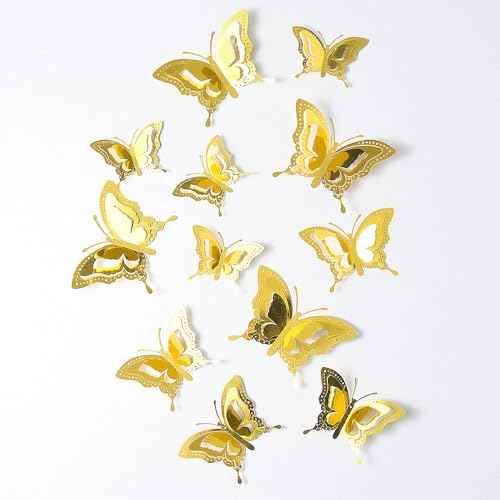 12 Pcs 3 Layers Wing Butterfly Wall Decor Gold 3D Hollow Stickers for Home Bedroom Cake Party Baby Shower Birthday Decorations