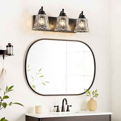 Bathroom Light Fixtures, 3 Lights Black Vanity Lights for Bathroom, Matte Black Antique Finish with Crystal Glass Shade, Farmhouse Lighting Fixtures Over Mirror for Bedroom, Living Room