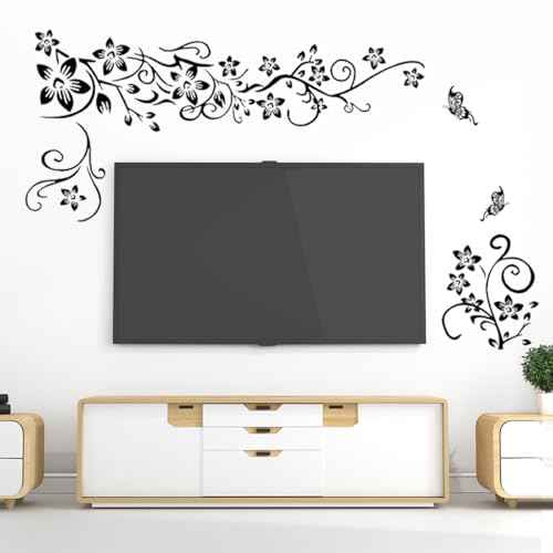 Joyartu Flowers Vine Decals Black Flowers Butterfly Wall Stickers, Diagonal Floral Decals for Living Room TV Background, DIY Home Decor