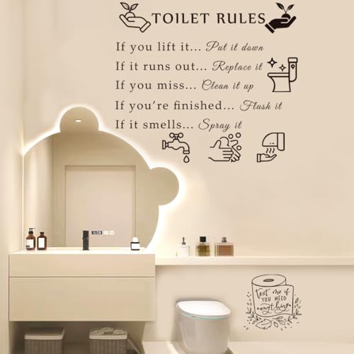 Toilet Rules Wall Quotes Stickers Peel and Stick DIY Removable Wall Decal Wall Decor Vinyl Rules Sign Wall Art Decals for Toilet Bathroom Laundry Room Shower Room Decoration