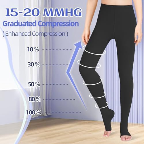 15-20 mmHg Compression Pantyhose for Women, Medical Compression Stockings, Open Toe Compression Leggings,Waist High Compression Tights for Edema, Varicose Veins, Swelling, Pregnant,Nurses, Athletes