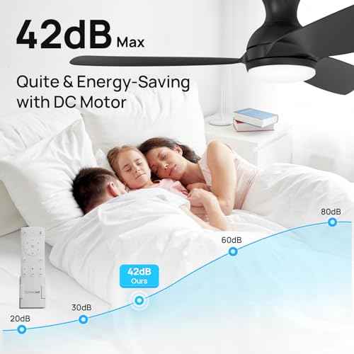 Consciot Ceiling Fan With Light, 44 Inch Low Profile Ceiling Fan with remote control, 6-speed choice, Reversible DC motor, 3CCT, Dimmable, Whisper, Easy Install, For Indoor and Covered Outdoor (black)