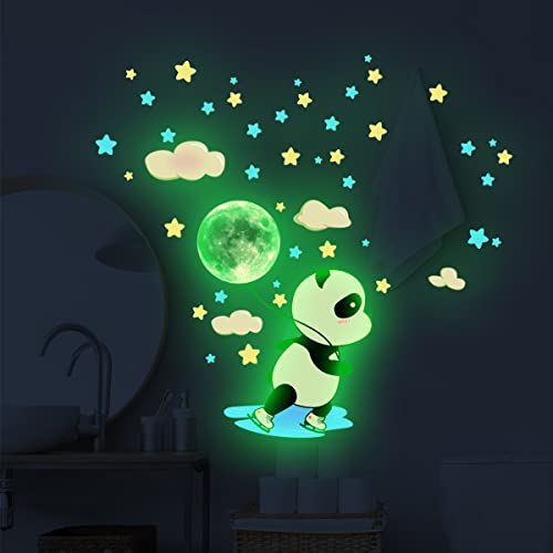 Glow in The Dark Panda Wall Stickers,38 Pcs Fluorescence Animal Star Moon Cloud Decals Girls Baby Kids Bedroom Nursery Classroom Luminous Wall Decorations