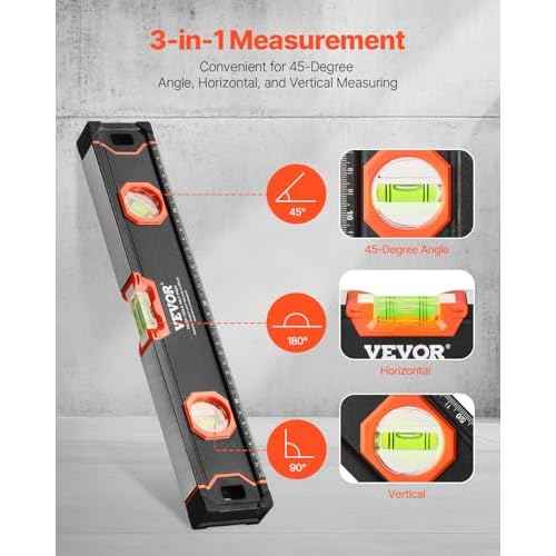 VEVOR 4-Piece Torpedo Level, 48/24/16/10 Inch All Magnetic Levels Set, Fluorescent Light Up Bubble Vials Ruler for 45/90/180 Degree, Aluminum Alloy Magnetic Box Leveler Tool, SAE and Metric Scale