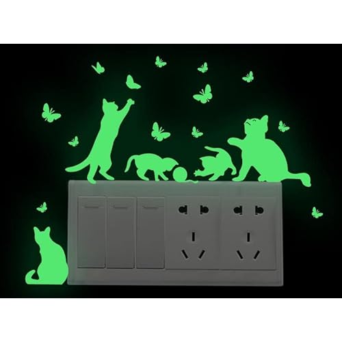 2pcs Light Switch Decals Glow in The Dark Cats Play with Butterflies Animal Pattern Wall Stickers Light Switch Decor Art Mural Paste (ALQ2022-002)