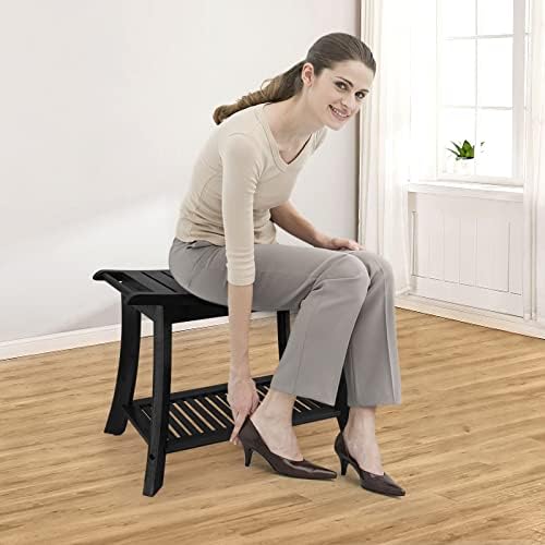 VVW Bamboo Shower Bench & Stool with Storage Shelf, Bath Benches for Inside Shower, Bathroom Stools 2-Tier Spa Seat for Adults Elderly (Black)