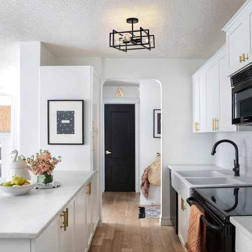 Industrial Semi Flush Mount Ceiling Light Fixture,4-Light Kichen Light Fixture Ceiling Mount,Farmhouse Chandelier,Modern Black Ceiling Light for Dining Room, Bedroom, Hallway